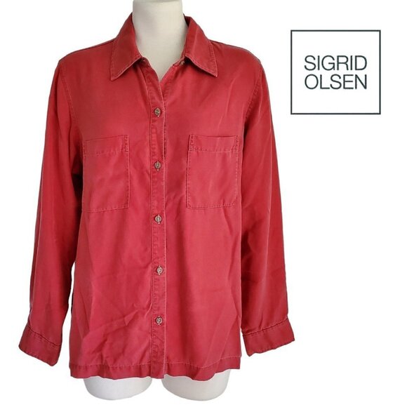 Sigrid Olsen Shacket Red Button Down 100% Tencel Lyocell Long Sleeve Shirt M - Picture 1 of 14